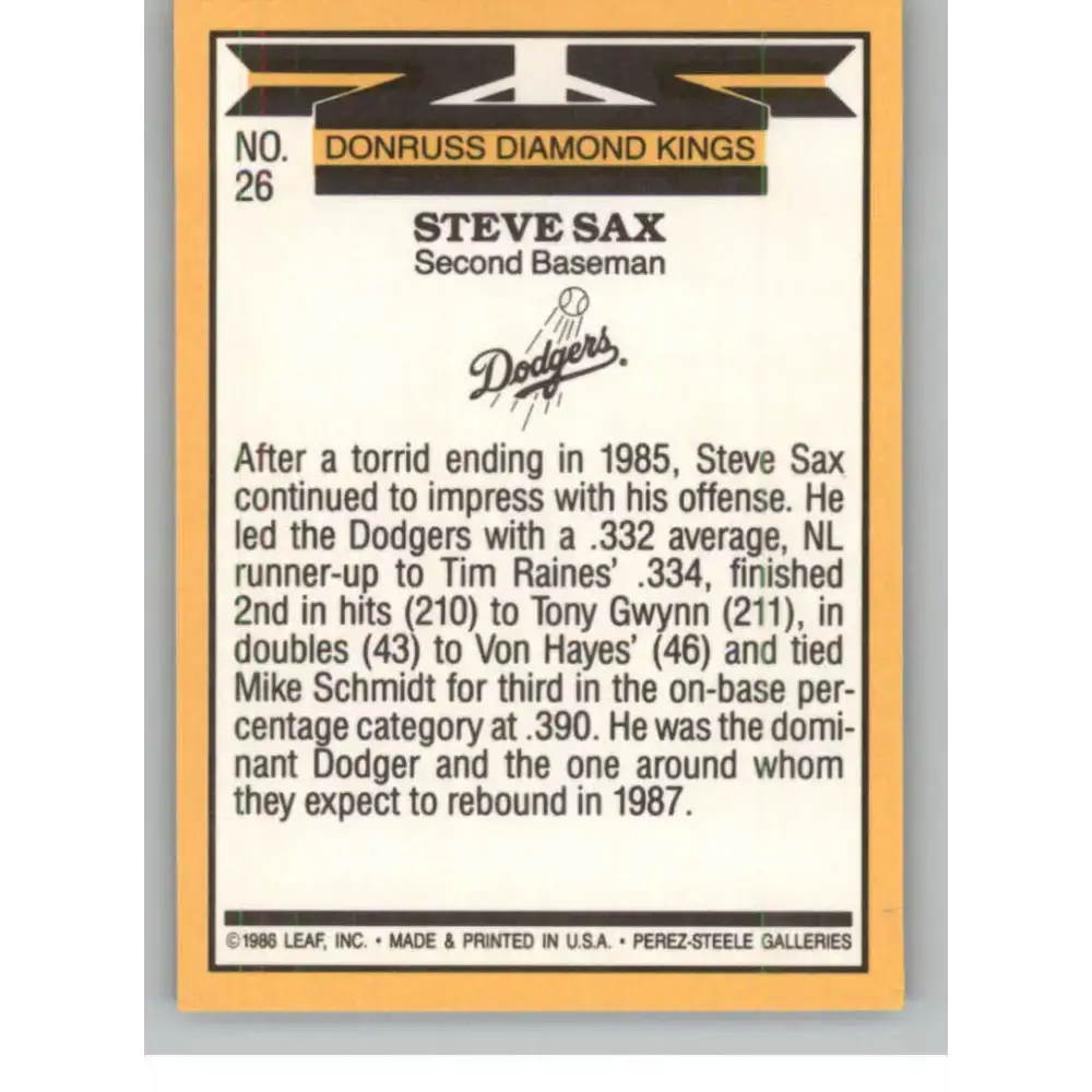 1987 Donruss #26 Steve Sax EX Excellent Los Angeles Dodgers Baseball Card - Baseball Card Single