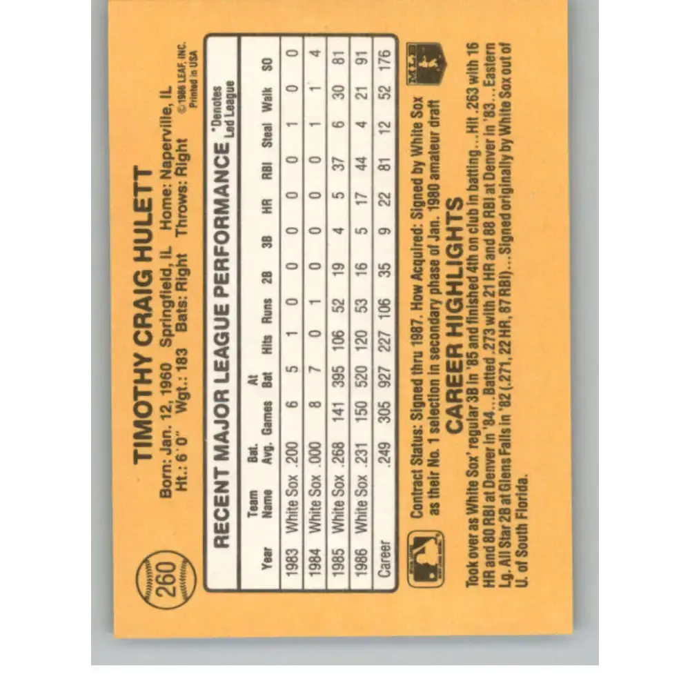 1987 Donruss #260 Tim Hulett EX Excellent Chicago White Sox Baseball Card - Baseball Card Single