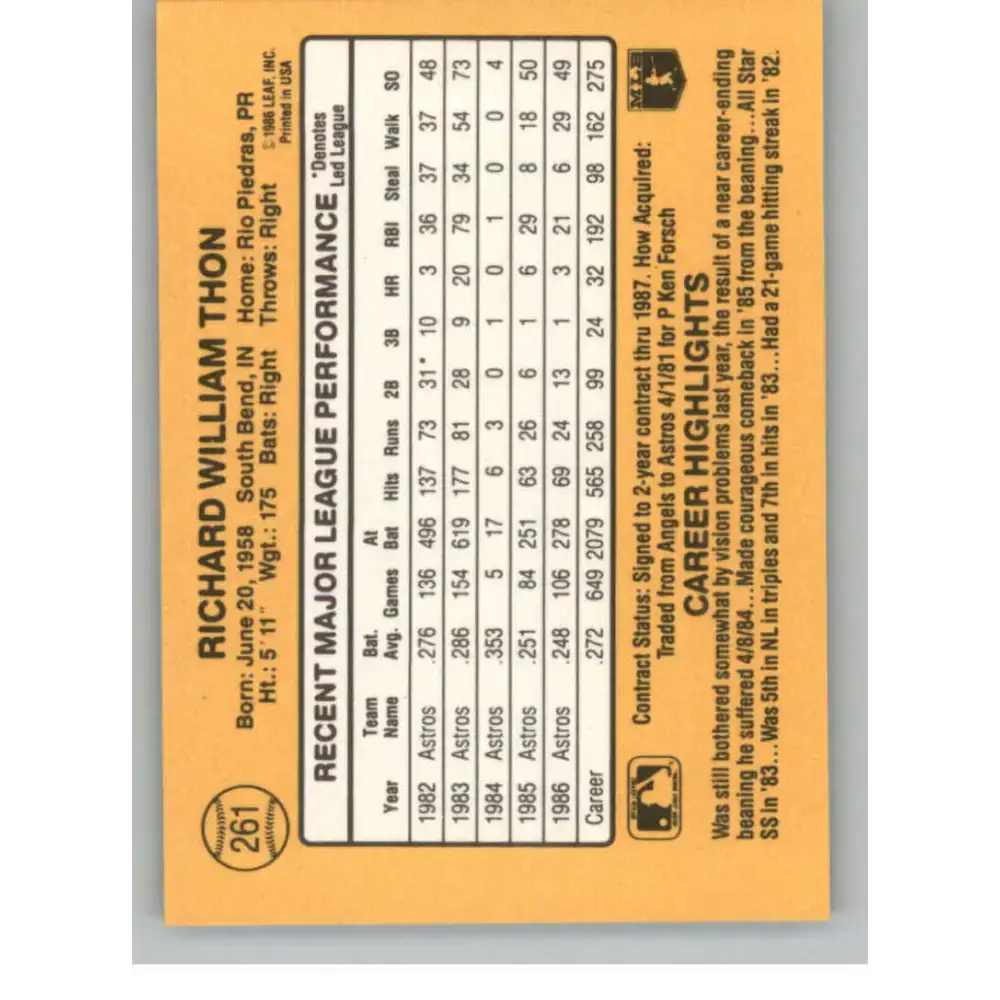 1987 Donruss #261 Dickie Thon EX Excellent Houston Astros Baseball Card - Baseball Card Single