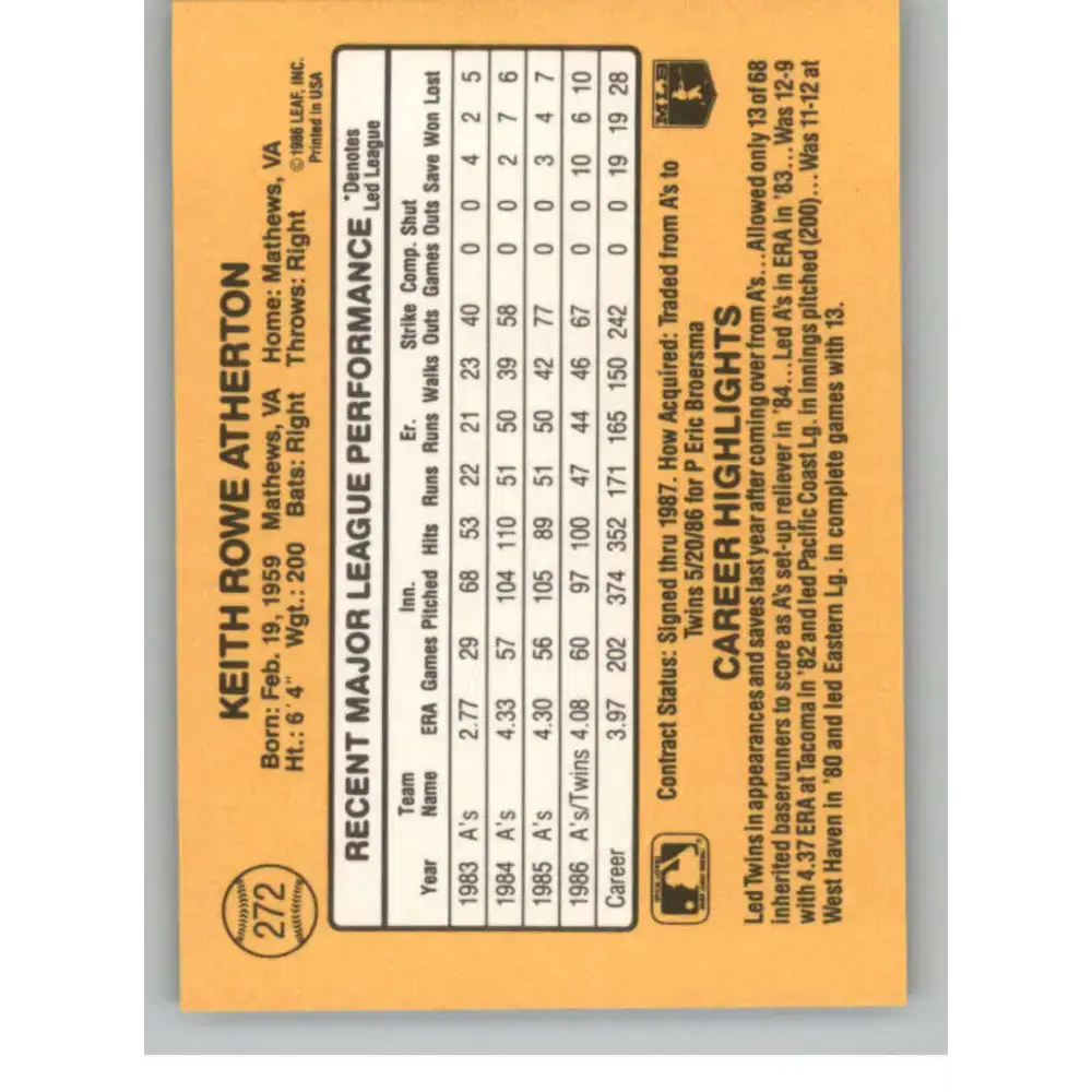 1987 Donruss #272 Keith Atherton EX Excellent Minnesota Twins Baseball Card - Baseball Card Single