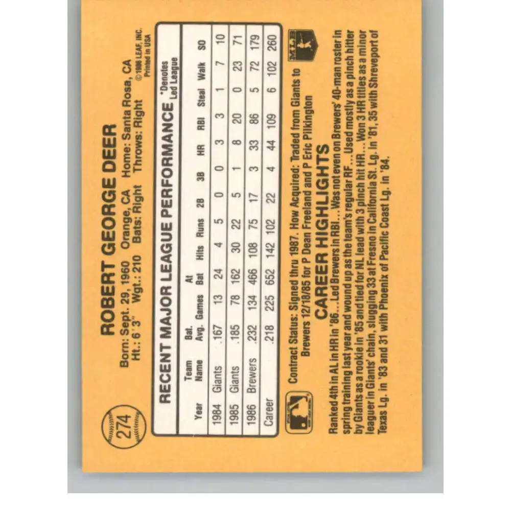 1987 Donruss #274 Rob Deer EX Excellent Milwaukee Brewers Baseball Card - Baseball Card Single