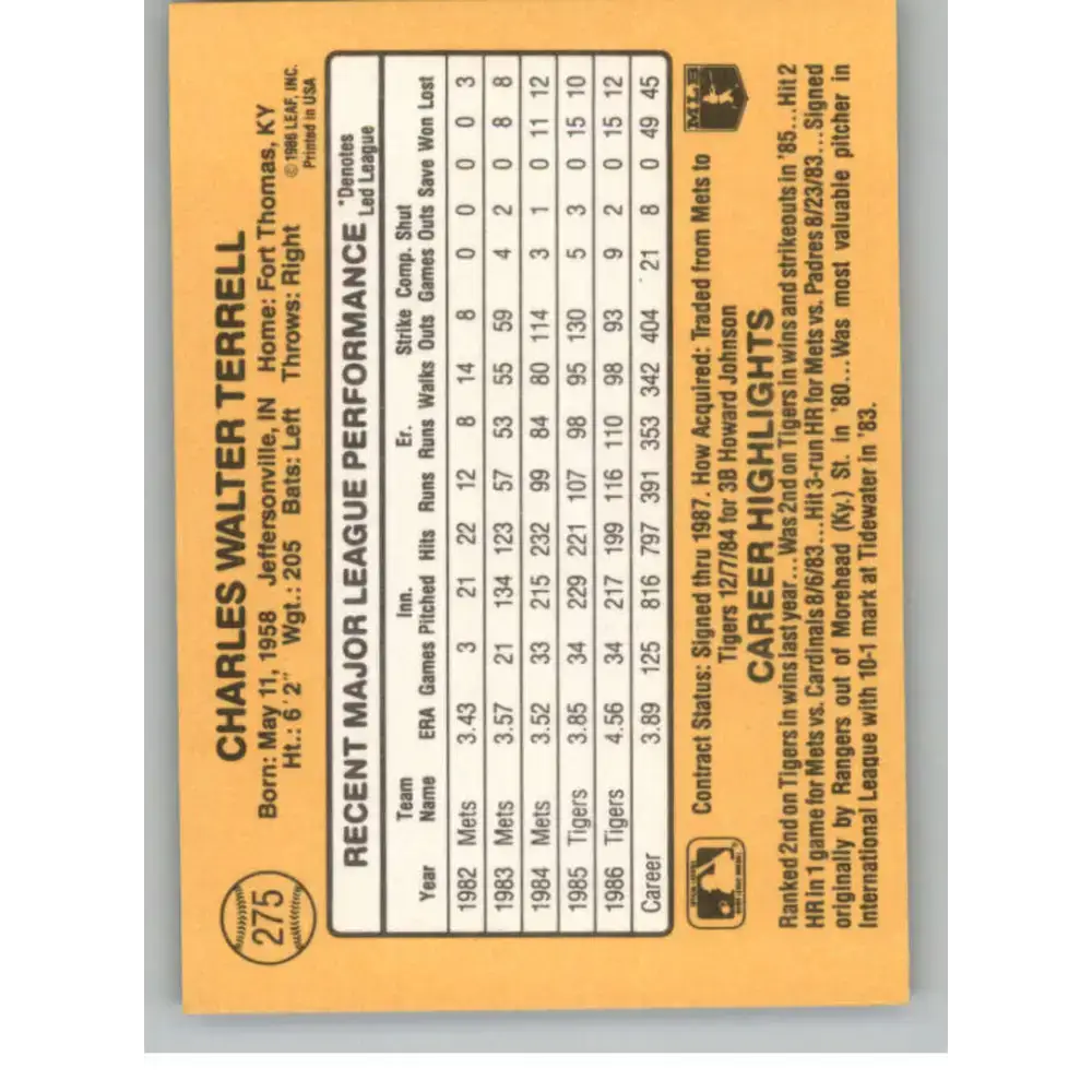 1987 Donruss #275 Walt Terrell EX Excellent Detroit Tigers Baseball Card - Baseball Card Single