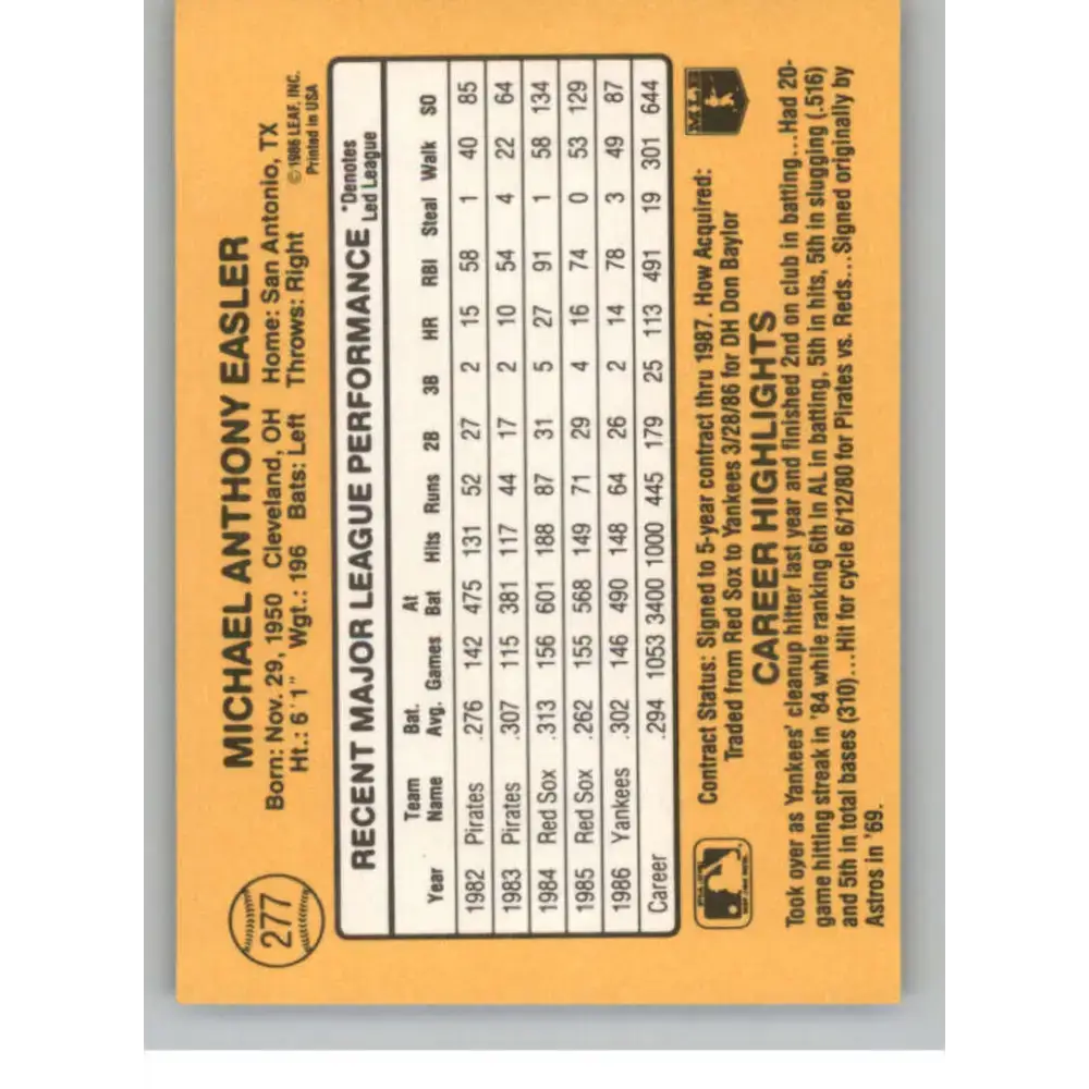 1987 Donruss #277 Mike Easler EX Excellent New York Yankees Baseball Card - Baseball Card Single