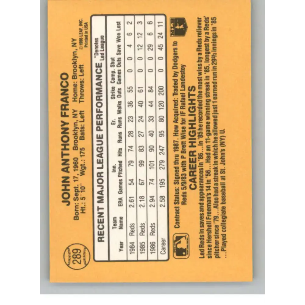 1987 Donruss #289 John Franco EX Excellent Cincinnati Reds Baseball Card - Baseball Card Single