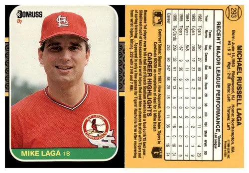 Original gloss Mike Laga baseball card from 1987 Donruss simply Sandoval ID 45445