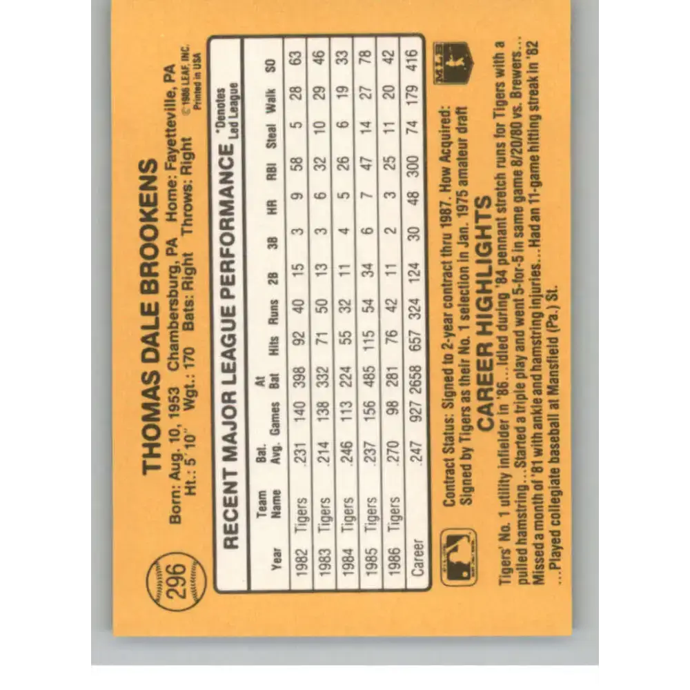1987 Donruss #296 Tom Brookens EX Excellent Detroit Tigers Baseball Card - Baseball Card Single