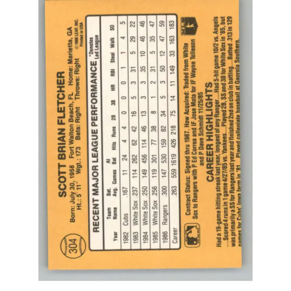 1987 Donruss #304 Scott Fletcher EX Excellent Texas Rangers Baseball Card - Baseball Card Single