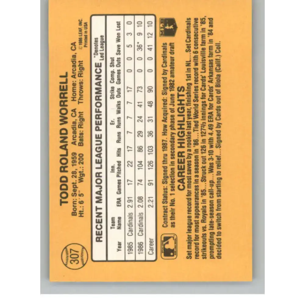 1987 Donruss #307 Todd Worrell EX Excellent St. Louis Cardinals Baseball Card - Baseball Card Single