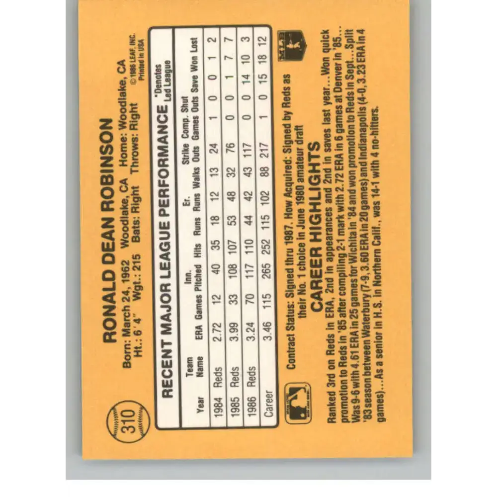1987 Donruss #310 Ron Robinson EX Excellent Cincinnati Reds Baseball Card - Baseball Card Single