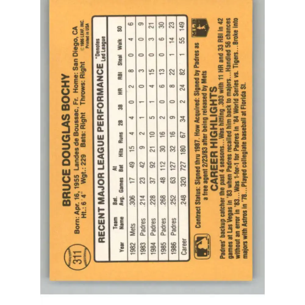 1987 Donruss #311 Bruce Bochy EX Excellent San Diego Padres Baseball Card - Baseball Card Single