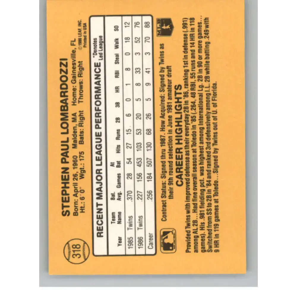 1987 Donruss #318 Steve Lombardozzi EX Excellent Minnesota Twins Baseball Card - Baseball Card Single