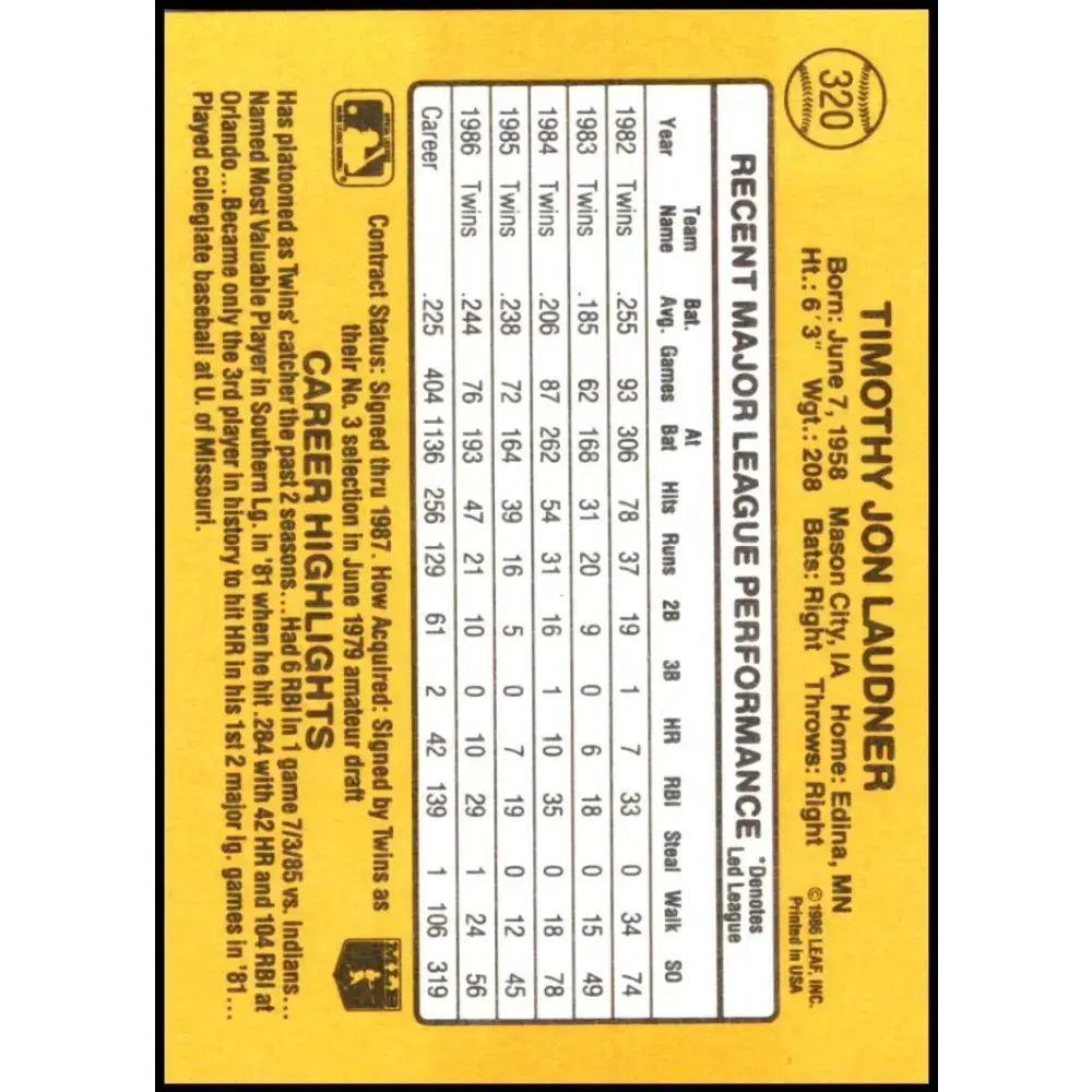 1987 Donruss #320 Tim Laudner EX Excellent Minnesota Twins Baseball Card - Baseball Card Single