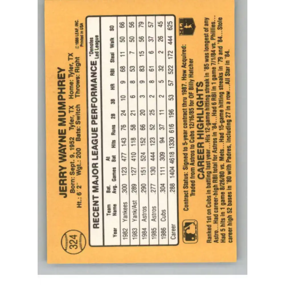 1987 Donruss #324 Jerry Mumphrey EX Excellent Chicago Cubs Baseball Card - Baseball Card Single