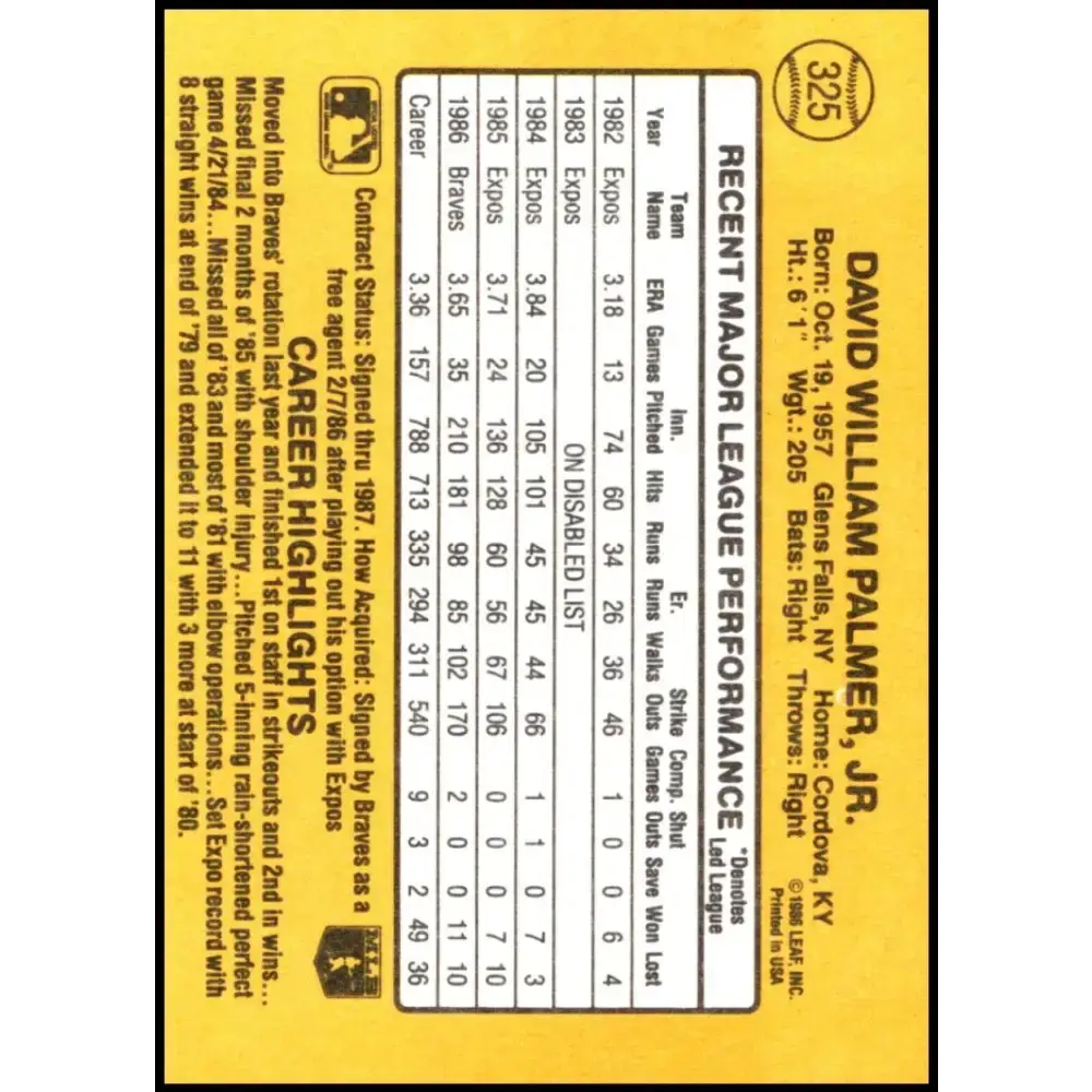 1987 Donruss #325 David Palmer EX Excellent Atlanta Braves Baseball Card - Baseball Card Single