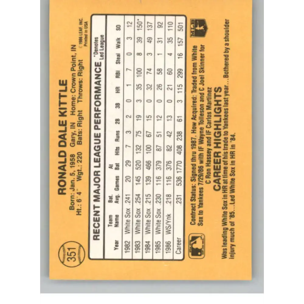 1987 Donruss #351 Ron Kittle EX Excellent New York Yankees Baseball Card - Baseball Card Single