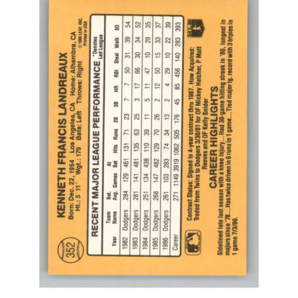 1987 Donruss #352 Ken Landreaux EX Excellent Los Angeles Dodgers Baseball Card - Baseball Card Single