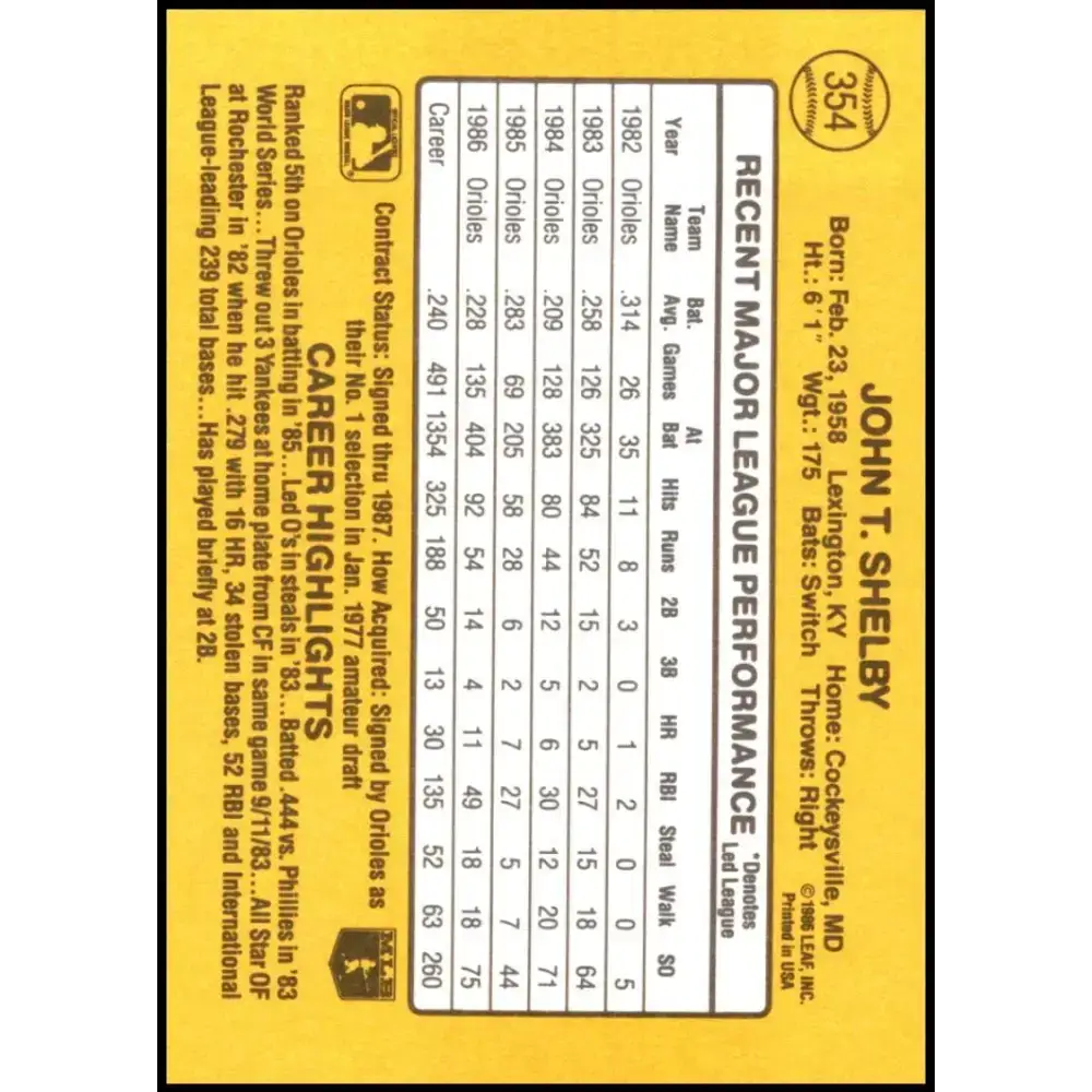 1987 Donruss #354 John Shelby EX Excellent Baltimore Orioles Baseball Card - Baseball Card Single