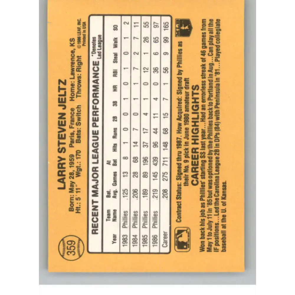 1987 Donruss #359 Steve Jeltz EX Excellent Philadelphia Phillies Baseball Card - Baseball Card Single