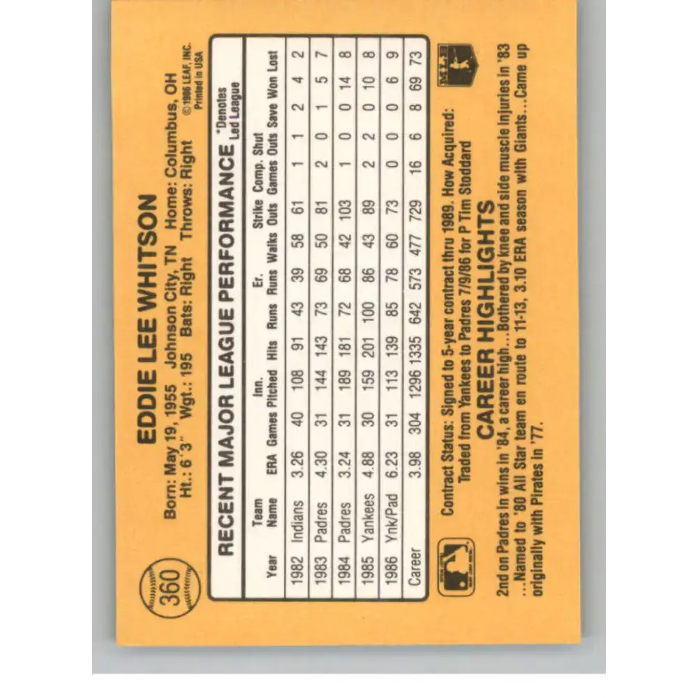 1987 Donruss #360 Ed Whitson EX Excellent San Diego Padres Baseball Card - Baseball Card Single