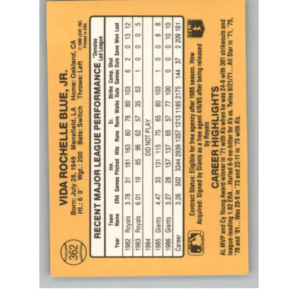 1987 Donruss #362 Vida Blue EX Excellent San Francisco Giants Baseball Card - Baseball Card Single