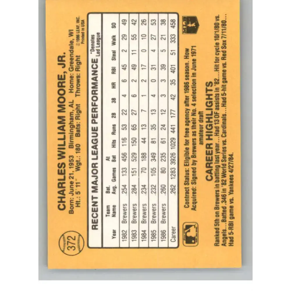 1987 Donruss #372 Charlie Moore EX Excellent Milwaukee Brewers Baseball Card - Baseball Card Single