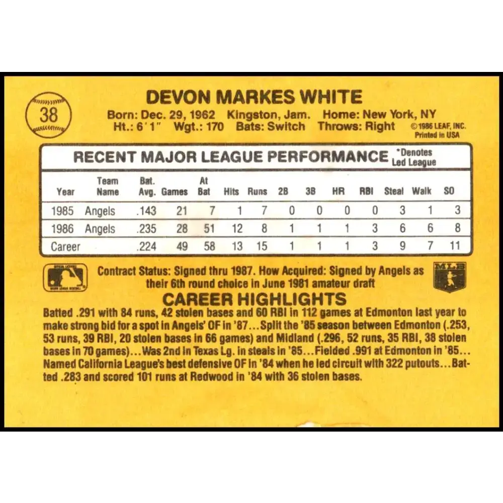 1987 Donruss #38 Devon White EX Excellent RC Rookie California Angels Baseball Card - Baseball Card Single