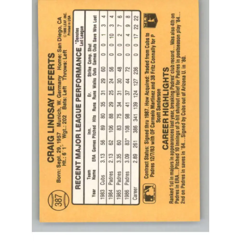 1987 Donruss #387 Craig Lefferts EX Excellent San Diego Padres Baseball Card - Baseball Card Single