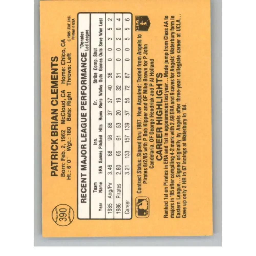 1987 Donruss #390 Pat Clements EX Excellent Pittsburgh Pirates Baseball Card - Baseball Card Single