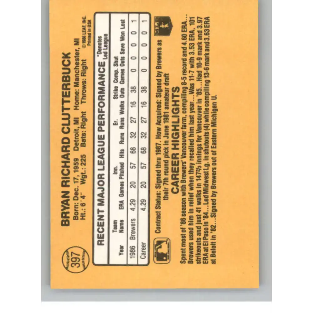 1987 Donruss #397 Bryan Clutterbuck EX Excellent RC Rookie Milwaukee Brewers Baseball Card - Baseball Card Single