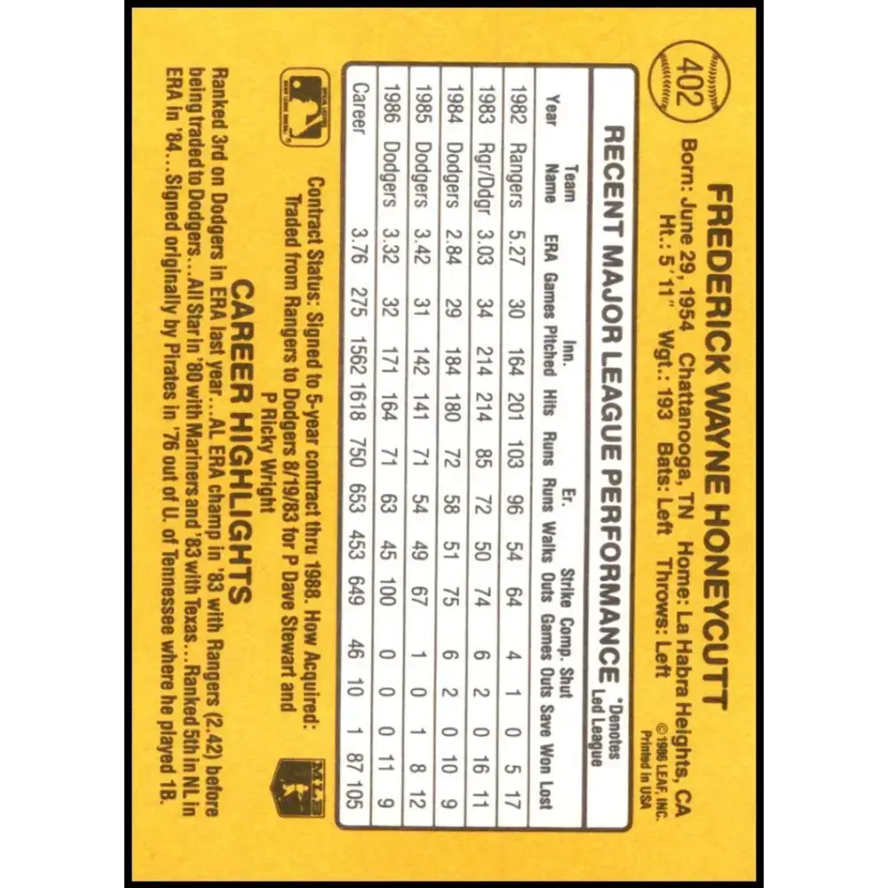 1987 Donruss #402 Rick Honeycutt EX Excellent Los Angeles Dodgers Baseball Card - Baseball Card Single