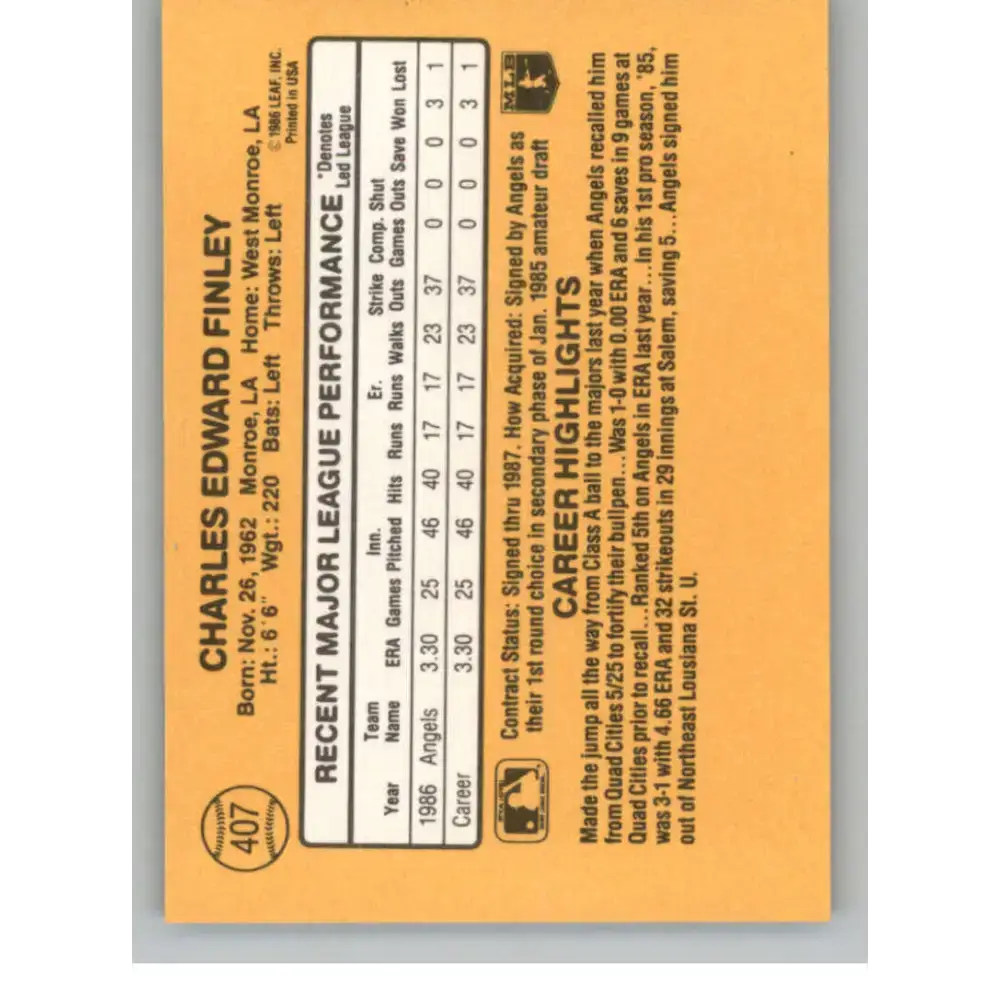 1987 Donruss #407 Chuck Finley EX Excellent RC Rookie California Angels Baseball Card - Baseball Card Single