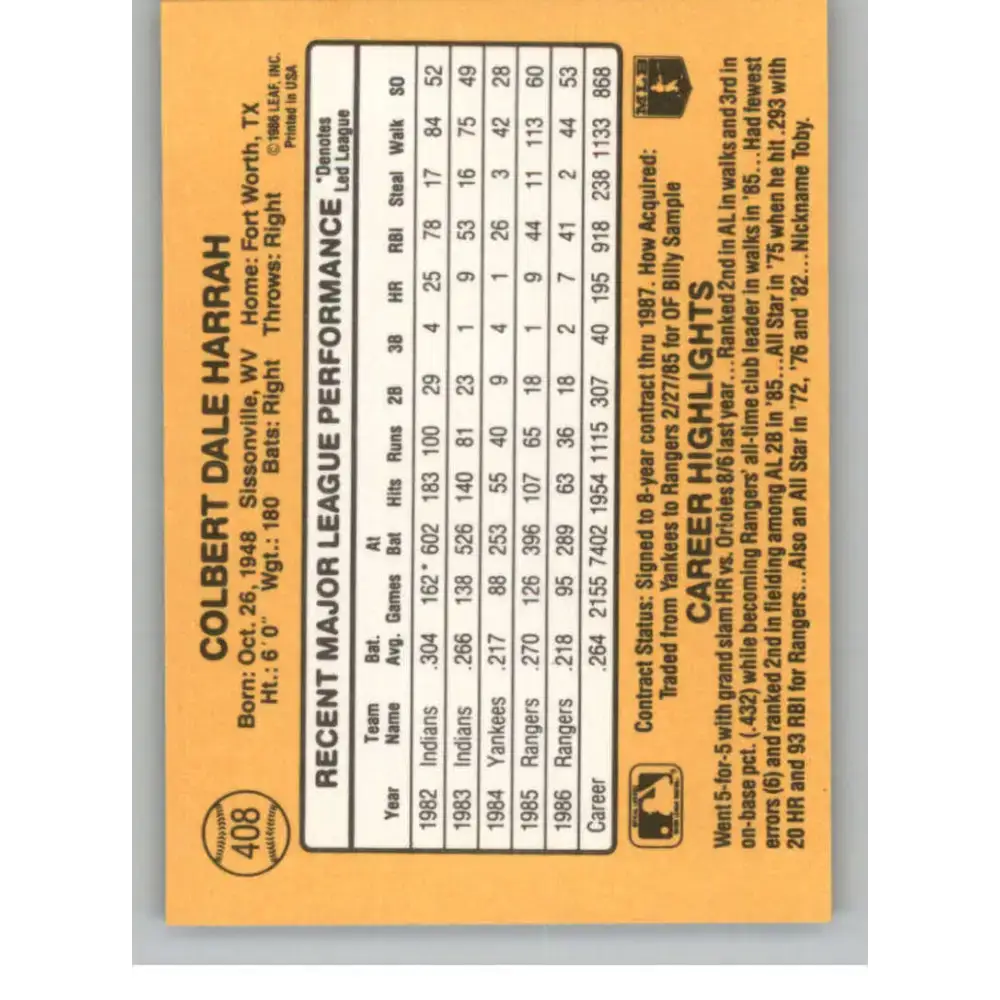 1987 Donruss #408 Toby Harrah EX Excellent Texas Rangers Baseball Card - Baseball Card Single