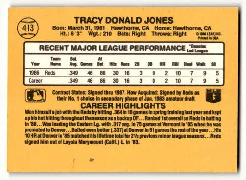 Baseball card back with original gloss of Tracy Jones Cincinnati Reds card 1987 Donruss