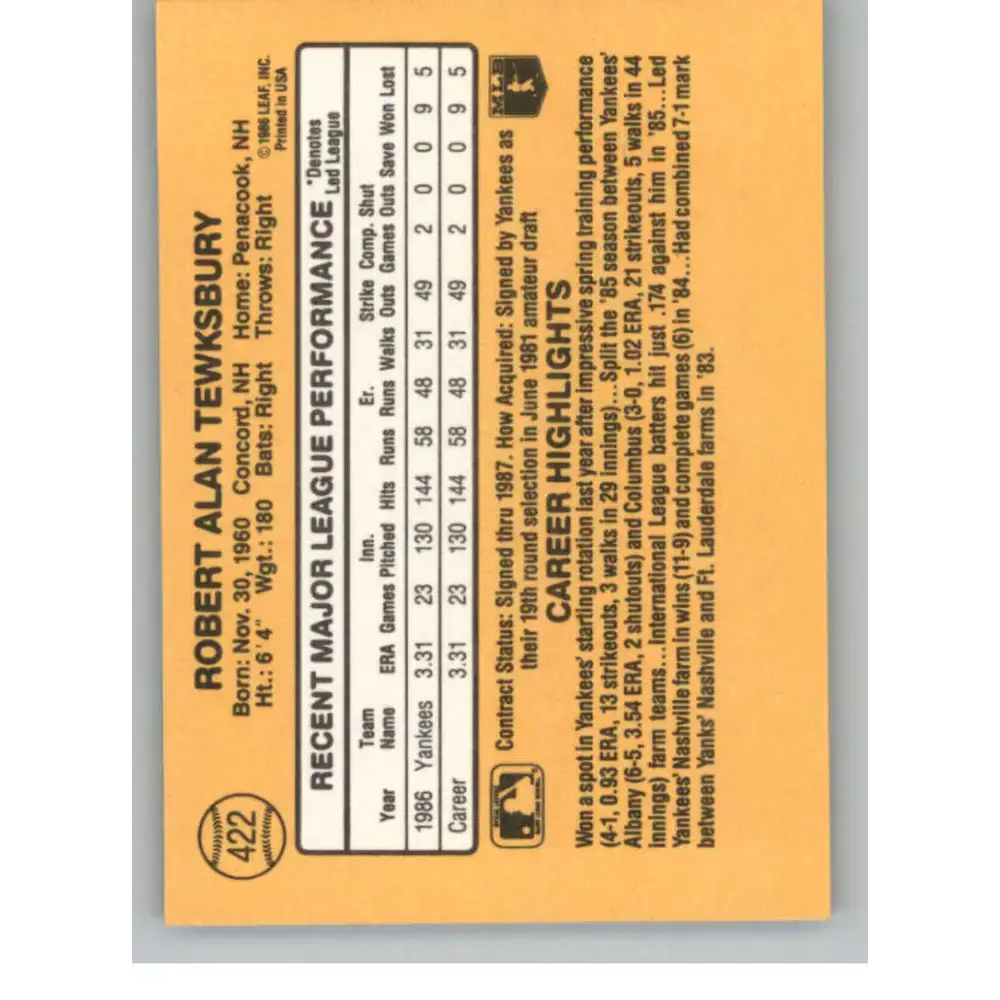 1987 Donruss #422 Bob Tewksbury EX Excellent RC Rookie New York Yankees Baseball Card - Baseball Card Single