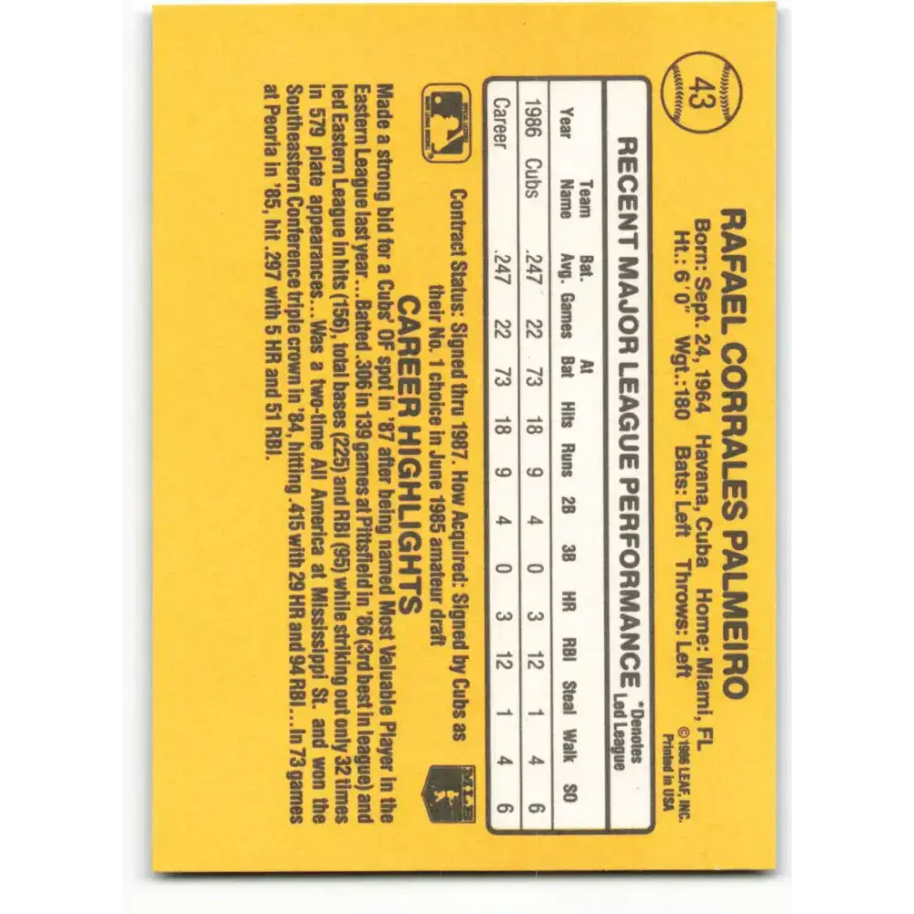 1987 Donruss #43 Rafael Palmeiro EX Excellent RC Rookie Chicago Cubs Baseball Card - Baseball Card Single