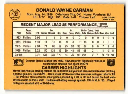 Baseball card back featuring original gloss of Don Carman Philadelphia Phillies card