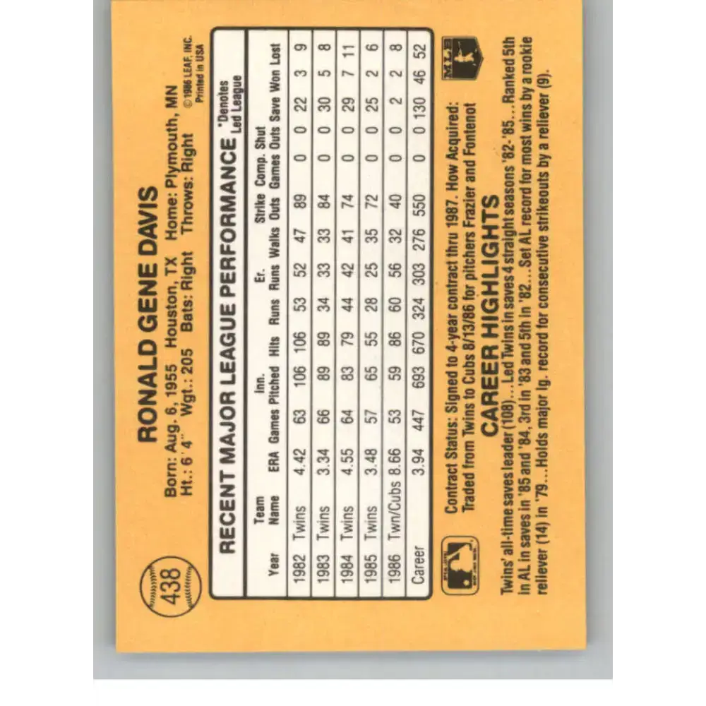 1987 Donruss #438 Ron Davis EX Excellent Chicago Cubs Baseball Card - Baseball Card Single