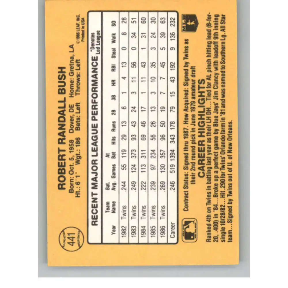 1987 Donruss #441 Randy Bush EX Minnesota Twins Baseball Card - Baseball Card Single