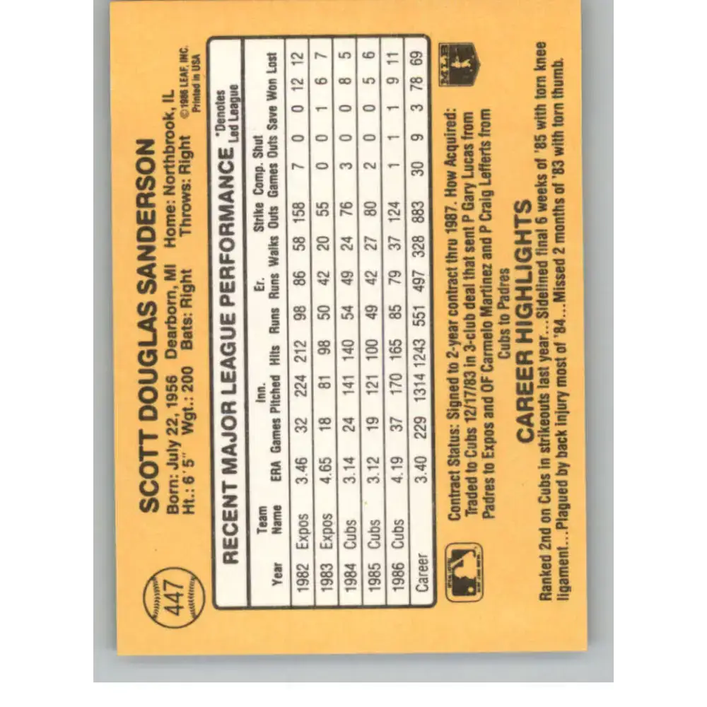 1987 Donruss #447 Scott Sanderson EX Excellent Chicago Cubs Baseball Card - Baseball Card Single