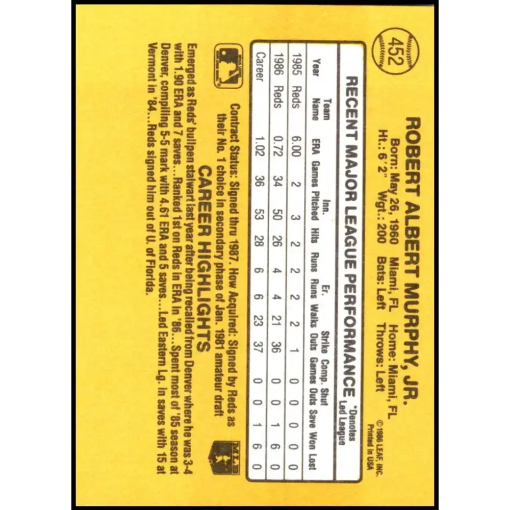 1987 Donruss #452 Rob Murphy EX Excellent RC Rookie Cincinnati Reds Baseball Card - Baseball Card Single