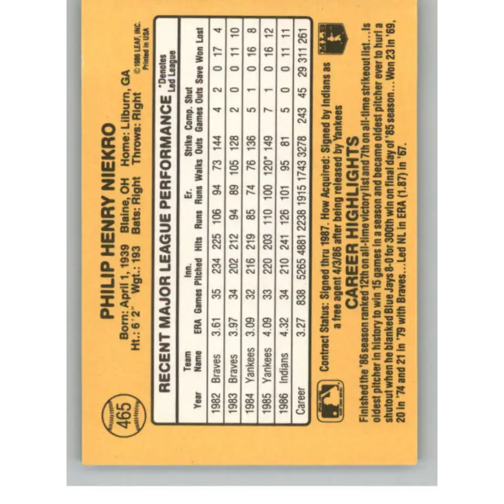 1987 Donruss #465 Phil Niekro EX Cleveland Indians Baseball Card - Baseball Card Single