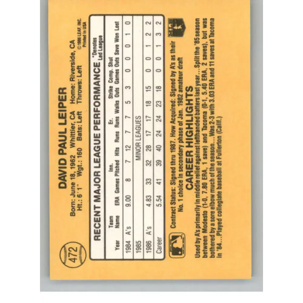 1987 Donruss #472 Dave Leiper EX RC Rookie Oakland Athletics Baseball Card - Baseball Card Single