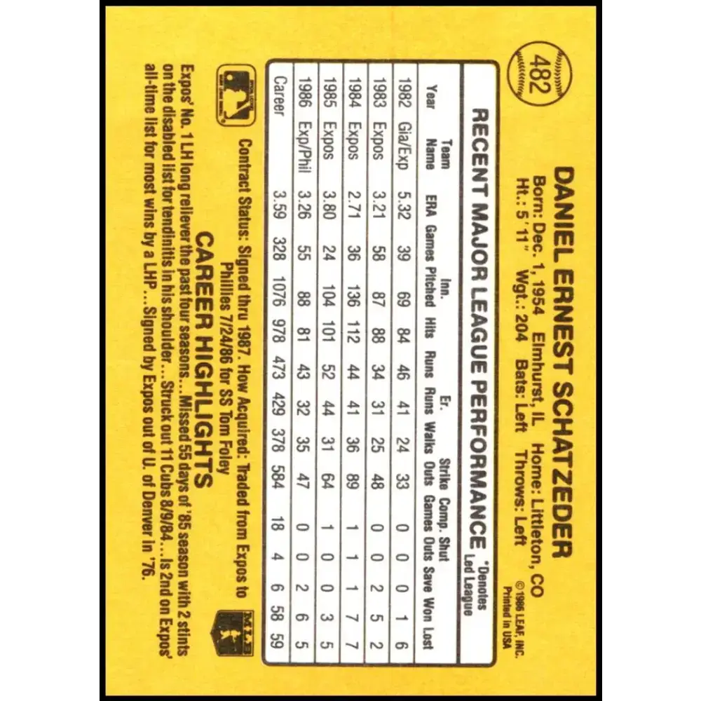 1987 Donruss #482 Dan Schatzeder EX Excellent Philadelphia Phillies Baseball Card - Baseball Card Single