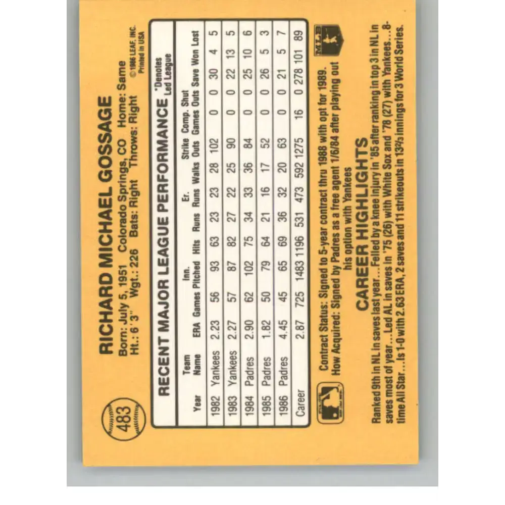 1987 Donruss #483 Rich Gossage EX Excellent San Diego Padres Baseball Card - Baseball Card Single