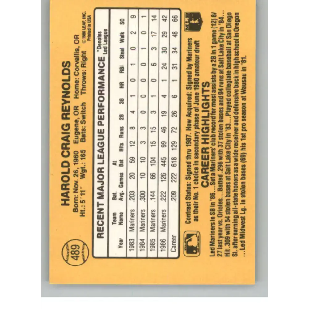 1987 Donruss #489 Harold Reynolds EX Excellent Seattle Mariners Baseball Card - Baseball Card Single