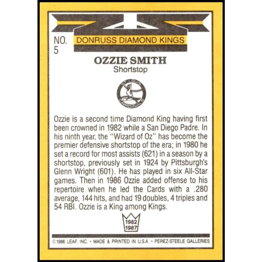 1987 Donruss #5 Ozzie Smith EX Excellent St. Louis Cardinals Baseball Card