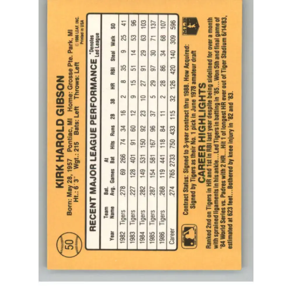 1987 Donruss #50 Kirk Gibson EX Excellent Detroit Tigers Baseball Card - Baseball Card Single