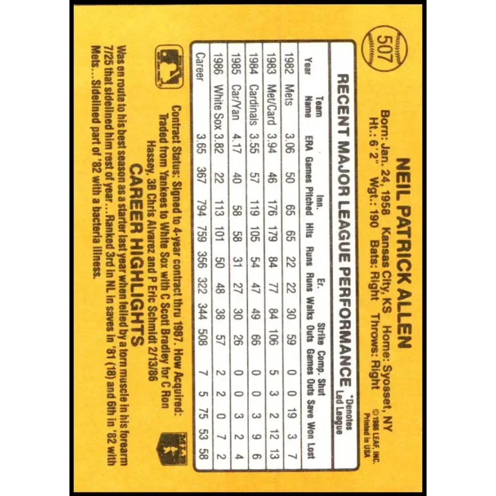 1987 Donruss #507 Neil Allen EX Excellent Chicago White Sox Baseball Card - Baseball Card Single