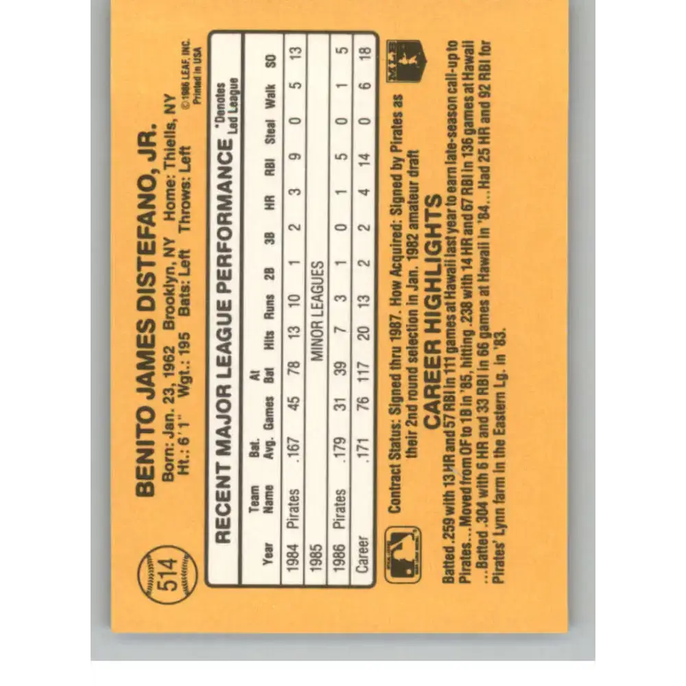 1987 Donruss #514 Benny Distefano EX Excellent Pittsburgh Pirates Baseball Card - Baseball Card Single