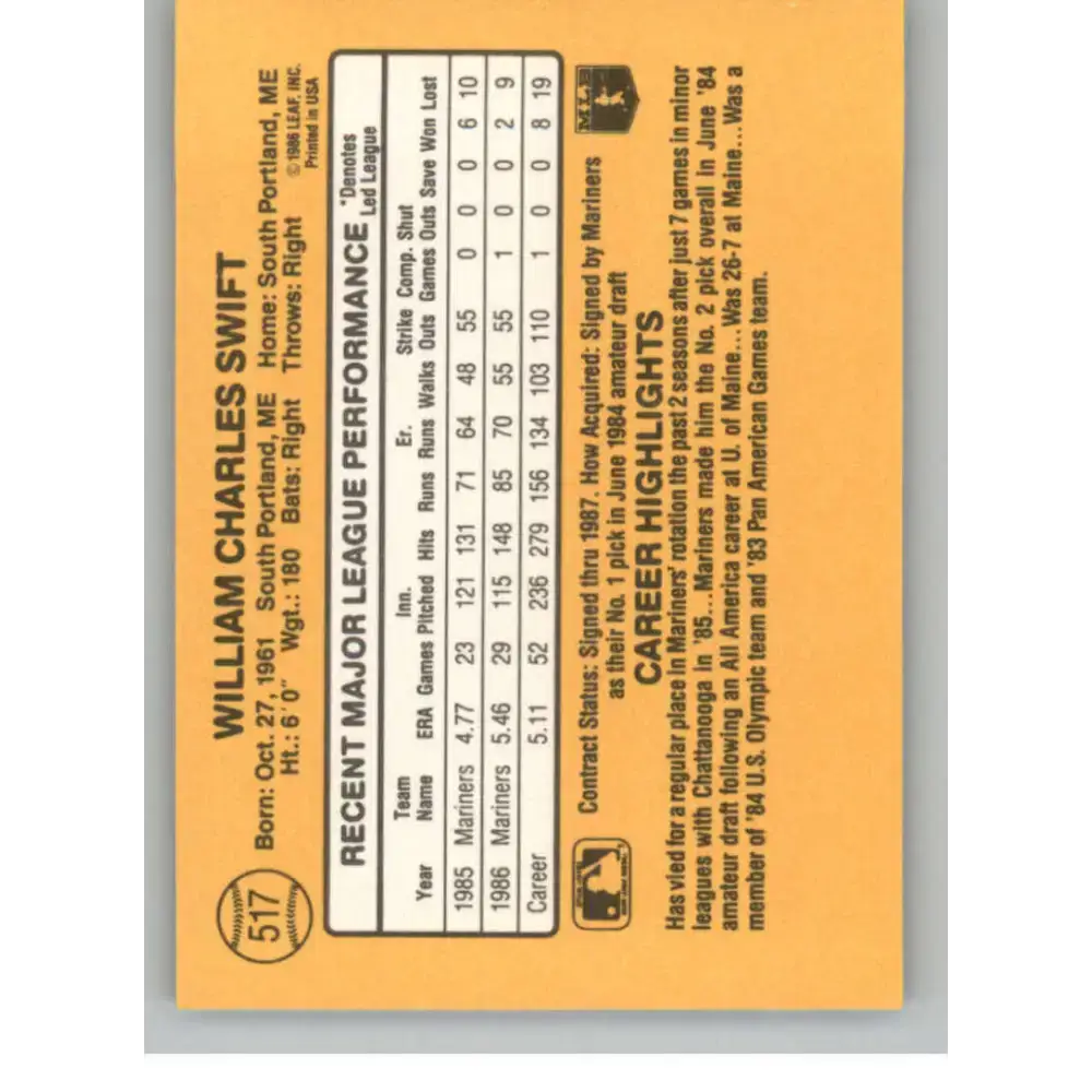 1987 Donruss #517 Bill Swift EX Excellent Seattle Mariners Baseball Card - Baseball Card Single